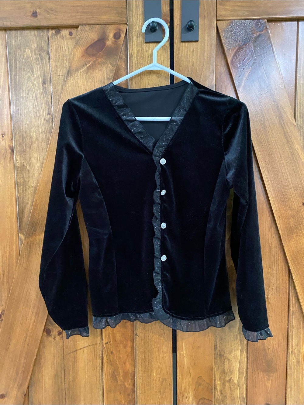 Black Velvet Faux Button-Front Cardigan with shimmer Ruffle Trim